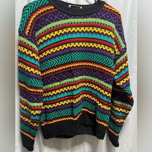 Vintage Sakura Sport Colorful Stripes in Black Background Sweater Size Large